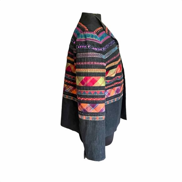 Coldwater Creek Open Front Cotton Blazer Geometric Stripes Beads Sequins Sz 12 - Picture 3 of 11